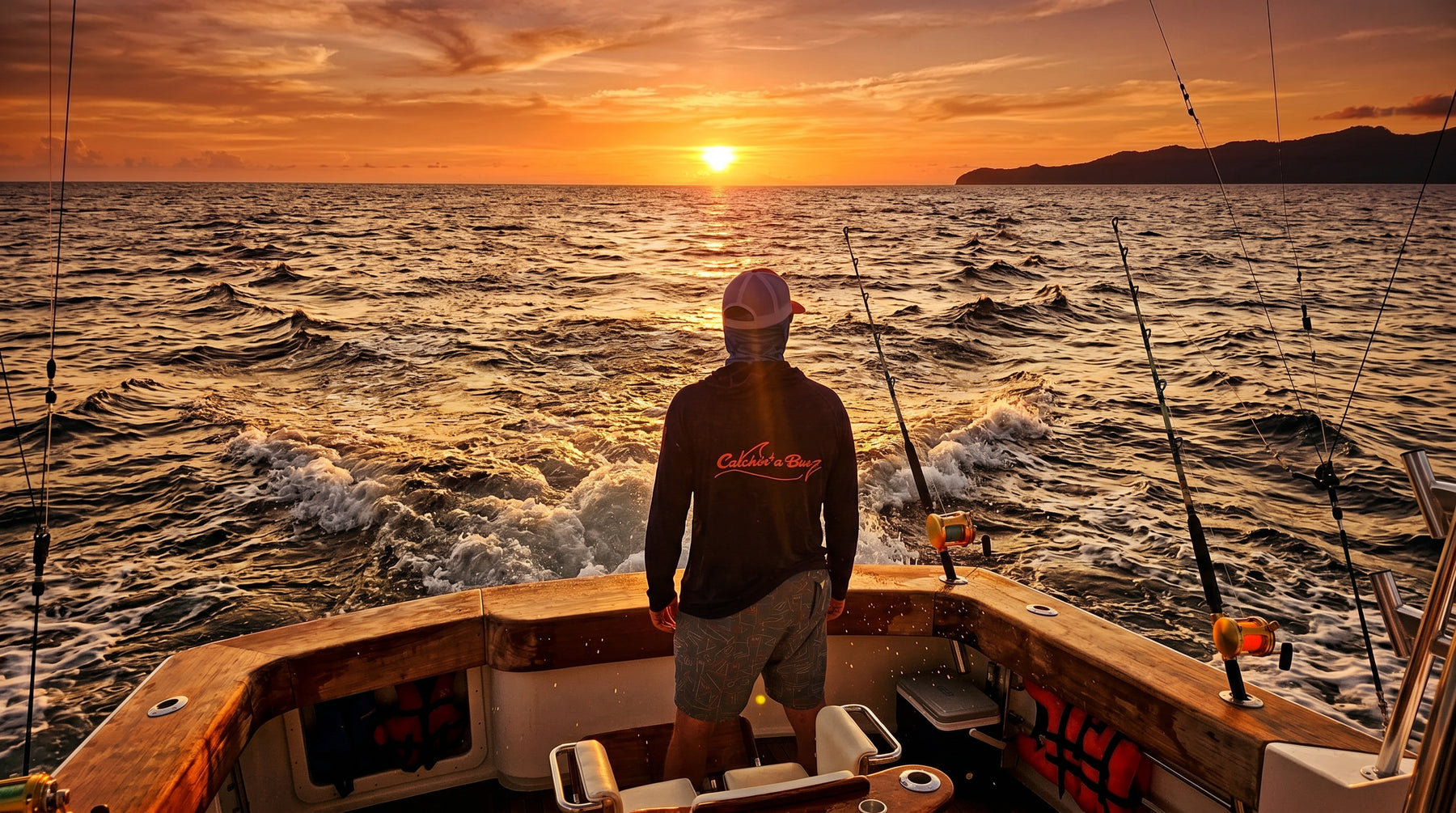 Catchin’ a Buzz campaign imagery of an angler offshore at sunset